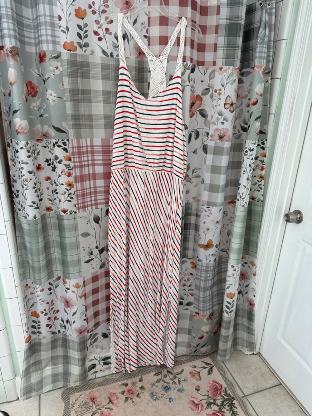 Maurices White Striped Maxi Dress with Red and Navy Stripes